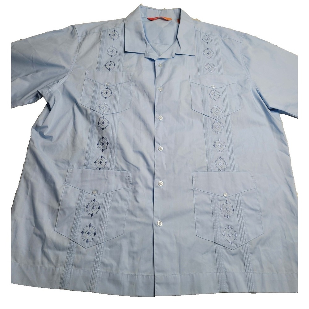 Chispa Guayabera Cuban Style Short Sleeve Button Up Shirt‎ Blue Men's XXL